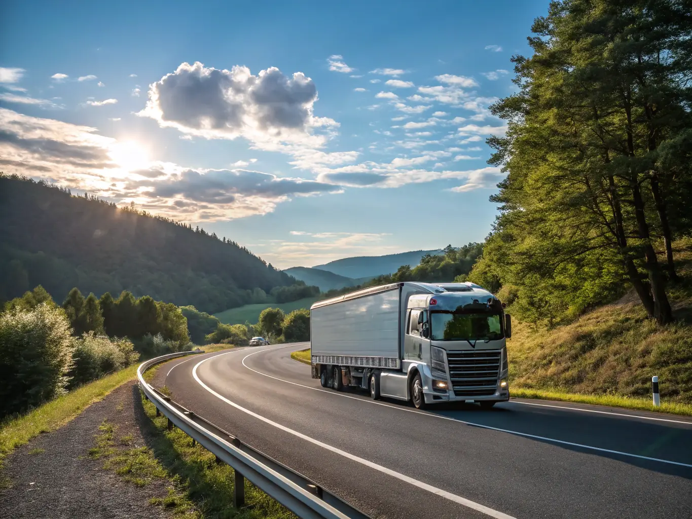 A modern semi-truck with the A2Z Freight Transportation logo on the side, driving on a highway during a sunny day, symbolizing reliable local and regional freight hauling services.