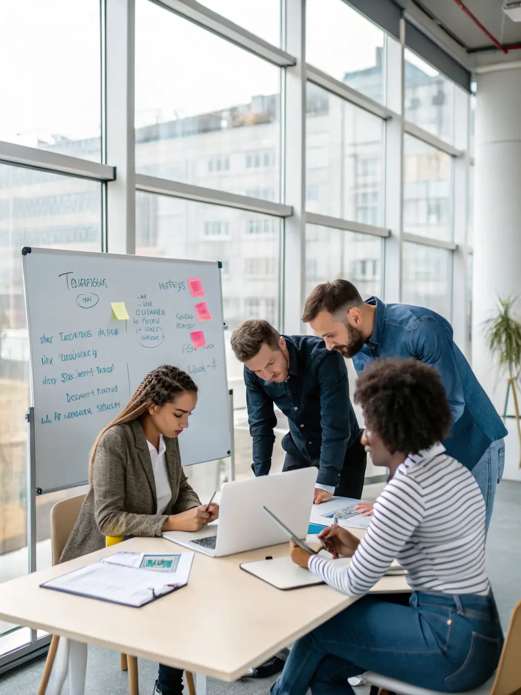 A diverse group of A2Z Freight Transportation team members collaborating in a modern logistics office, showcasing the company's commitment to customer satisfaction and operational excellence.