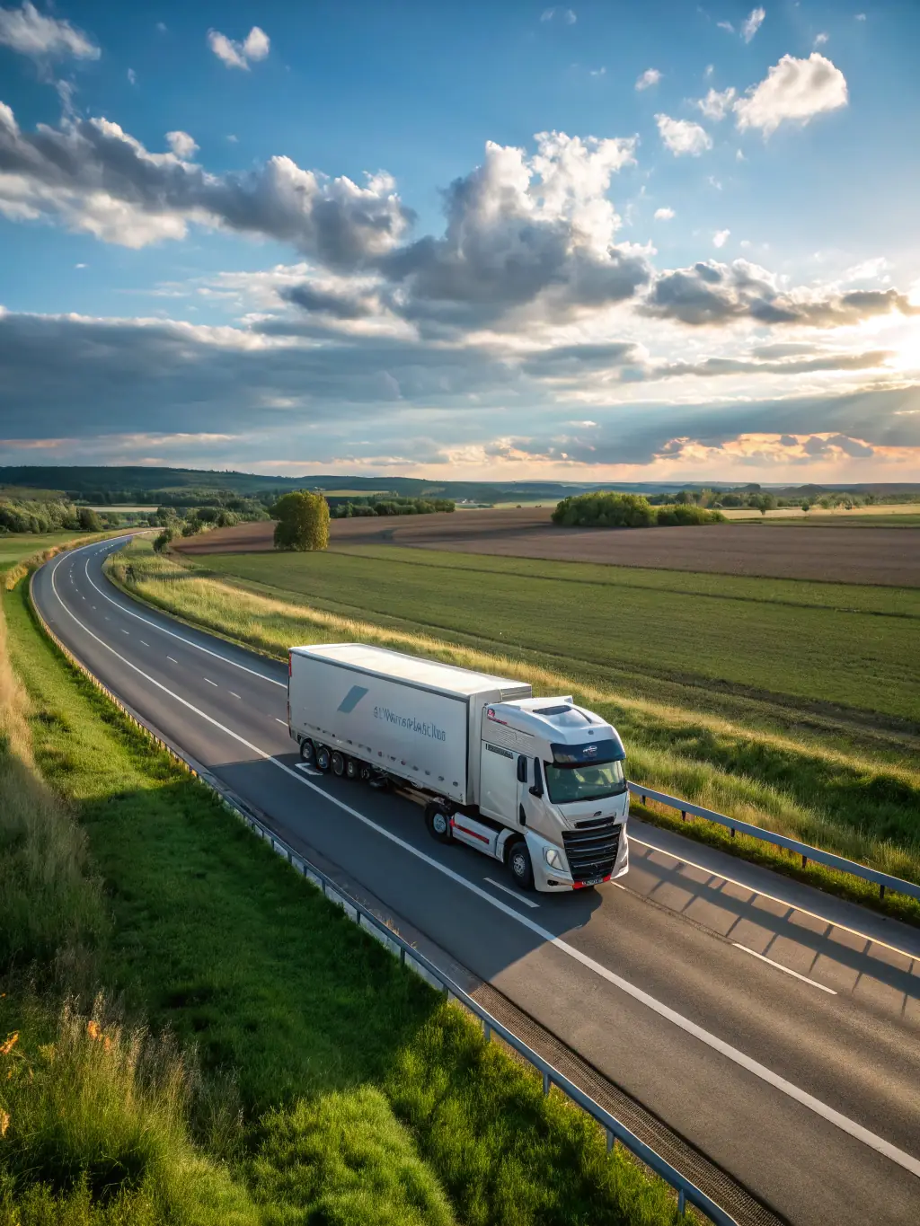 A wide shot of an A2Z Freight Transportation truck on a regional route, passing through the scenic landscapes of Georgia, emphasizing the company's regional service area.