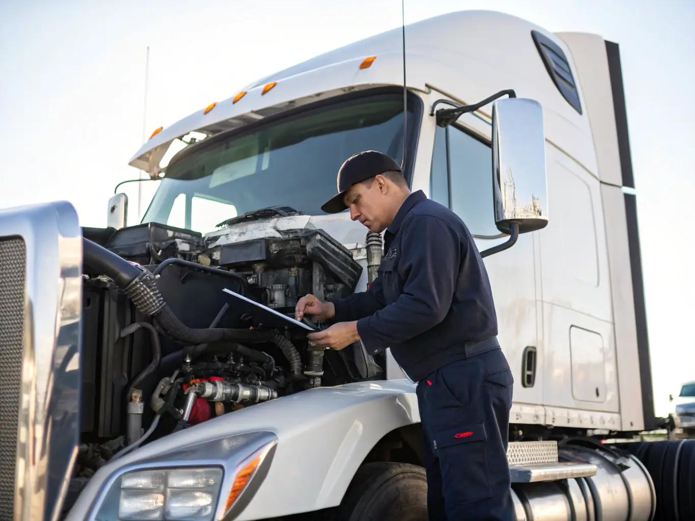 A driver in an A2Z Freight Transportation uniform is inspecting cargo inside a truck, ensuring securement and safety before transport.